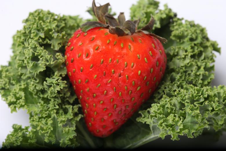 Free stock image of Red Strawberry on kale created by Jared Davidson