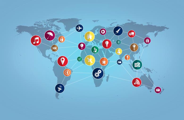 Free stock image of World Map with Technology Icons created by Jack Moreh