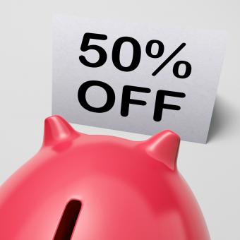 Free Stock Photo of Fifty Percent Off Piggy Bank Shows 50 Half-Price Promotion