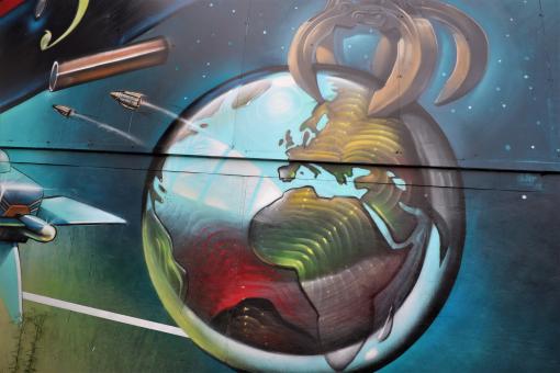 Detail from wall painting on a French factory