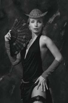 Free Stock Photo of Woman with Fan and a Hat - Black and White
