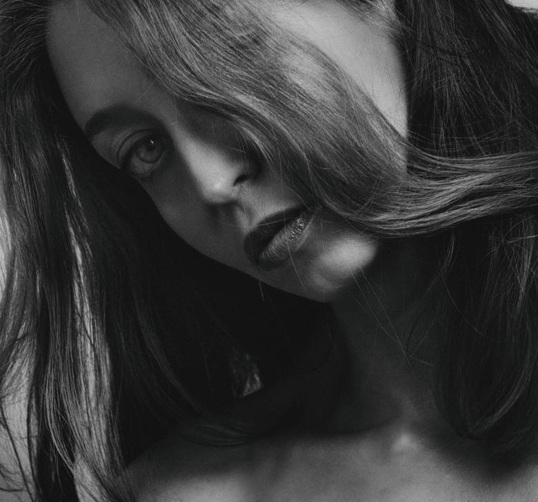 Free stock image of Brunette Tilting Head - Black and White Portrait created by Alexander Krivitskiy