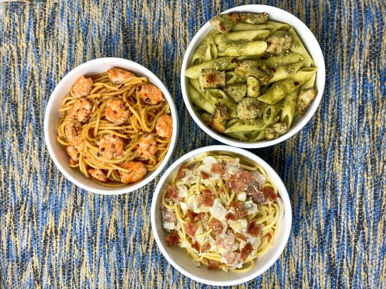Free stock image of Pesto, carbonara, garlic shrimp pasta created by Isaac Robertson