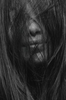 Free Stock Photo of Girl Covered in Black Hair - Black and White