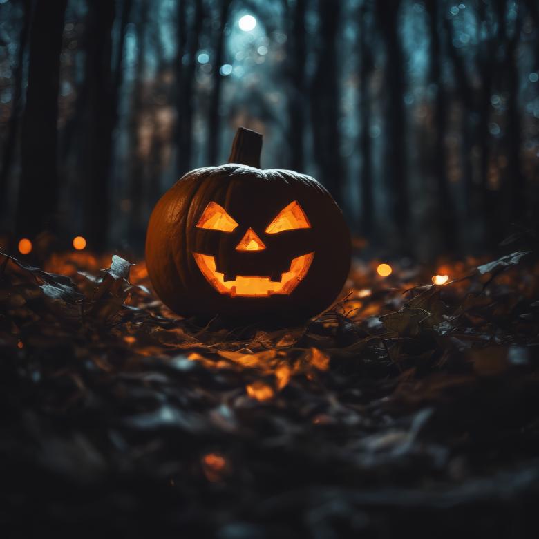 Free stock image of Jack-o-Lantern in a Dark Forest at Night created by StayWeird