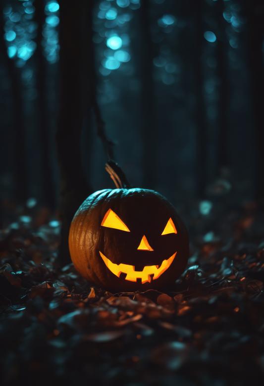Free stock image of Jack-o-Lantern in a Dark Forest at Night created by StayWeird