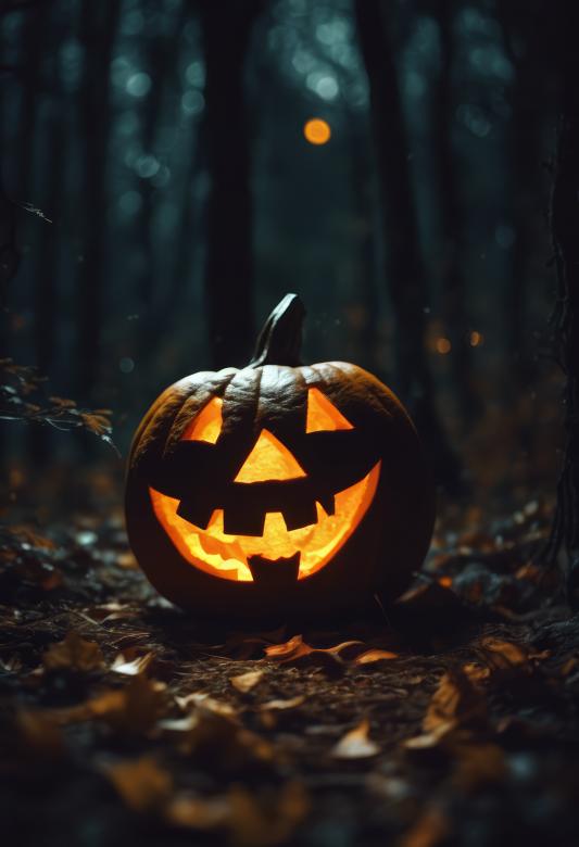 Free stock image of Jack-o-Lantern in a Dark Forest at Night created by StayWeird