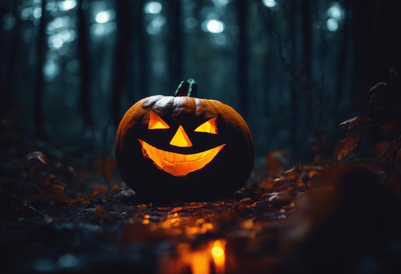 Free stock image of Jack-o-Lantern in a Dark Forest at Night created by StayWeird