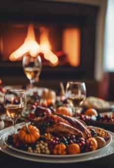 Thanksgiving Dinner in a Celebration Night in Front of the Fireplace