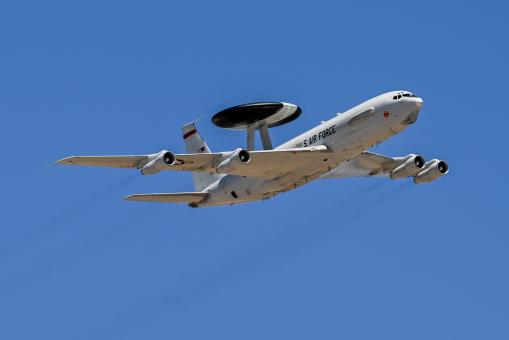 A E-3 Sentry makes a low pass flyover during the 2024 Warriors Over