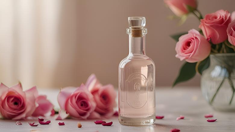 Free stock image of Rose Water Bottle with Petals on Ivory Table created by Infinity Focus