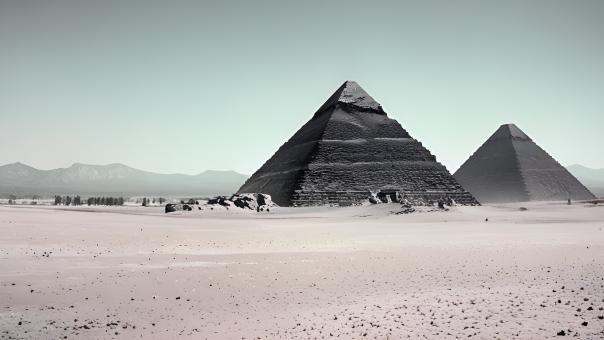 Haunting 1940s Black-and-White Pyramid Construction Scene