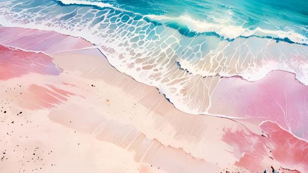 Sunset Beach Waves in Watercolor, Birds-Eye View