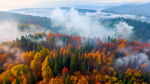 Aerial View of Smoky Autumn Forest