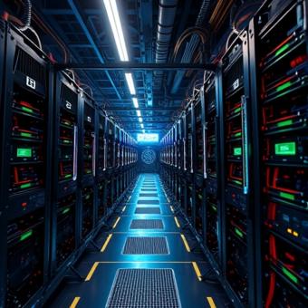 Bitcoin mining farm with futuristic machinery and neon lighting