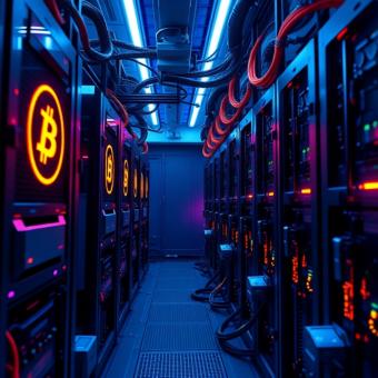 Bitcoin mining farm with futuristic machinery and neon lighting
