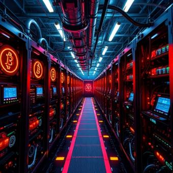 Bitcoin mining farm with futuristic machinery and neon lighting