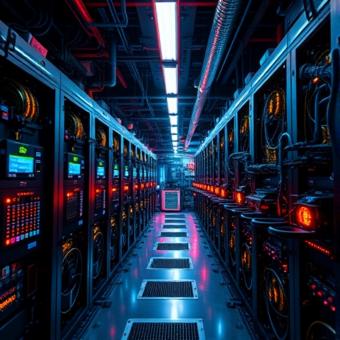Bitcoin mining farm with futuristic machinery and neon lighting