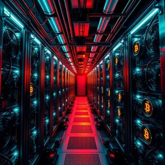 Bitcoin mining farm with futuristic machinery and neon lighting