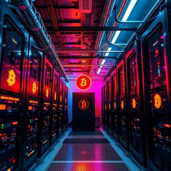 Bitcoin mining farm with futuristic machinery and neon lighting