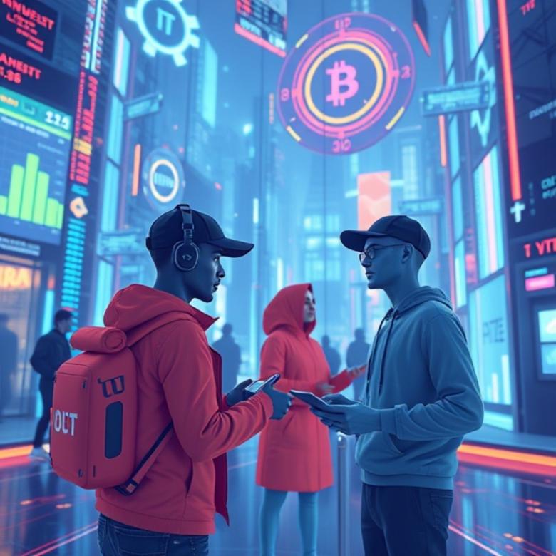 Free stock image of Metaverse avatars trading crypto assets in a virtual financial hub created by William David 