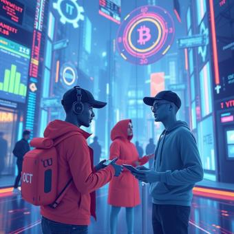 Metaverse avatars trading crypto assets in a virtual financial hub