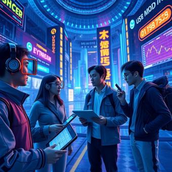 Metaverse avatars trading crypto assets in a virtual financial hub