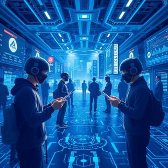 Metaverse avatars trading crypto assets in a virtual financial hub
