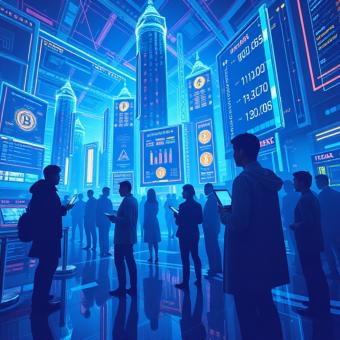 Metaverse avatars trading crypto assets in a virtual financial hub
