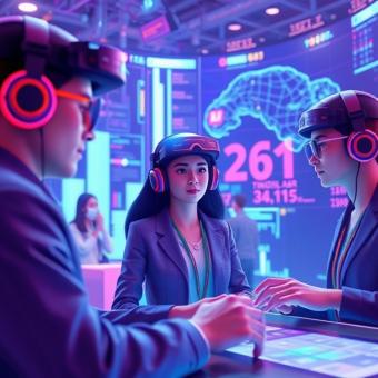 Metaverse avatars trading crypto assets in a virtual financial hub