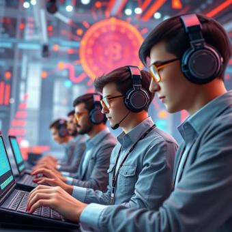 Metaverse avatars trading crypto assets in a virtual financial hub