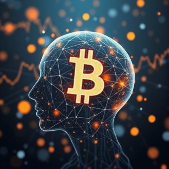 Bitcoin mining farm with futuristic machinery and neon lighting