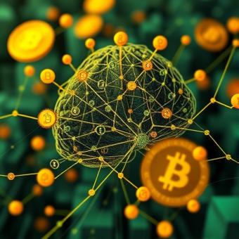 Bitcoin mining farm with futuristic machinery and neon lighting