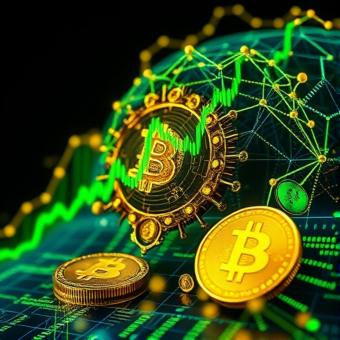 Bitcoin mining farm with futuristic machinery and neon lighting