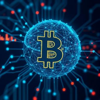 Bitcoin mining farm with futuristic machinery and neon lighting