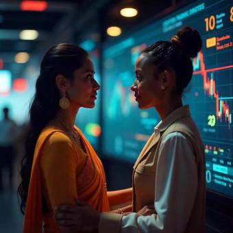 Metaverse avatars trading crypto assets in a virtual financial hub