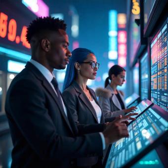 Metaverse avatars trading crypto assets in a virtual financial hub