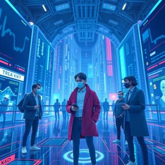 Metaverse avatars trading crypto assets in a virtual financial hub