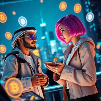 Metaverse avatars trading crypto assets in a virtual financial hub
