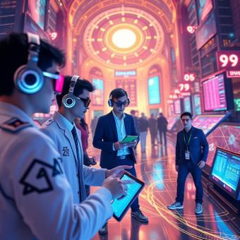 Metaverse avatars trading crypto assets in a virtual financial hub