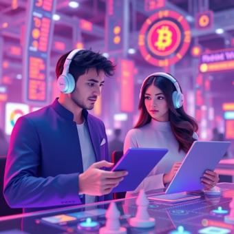Metaverse avatars trading crypto assets in a virtual financial hub