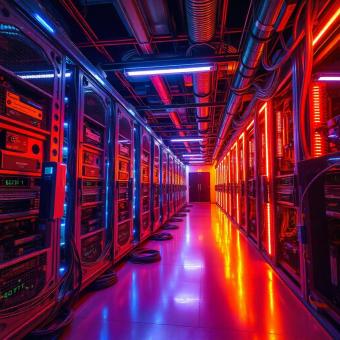 Bitcoin mining farm with futuristic machinery and neon lighting