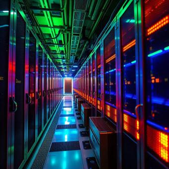 Bitcoin mining farm with futuristic machinery and neon lighting