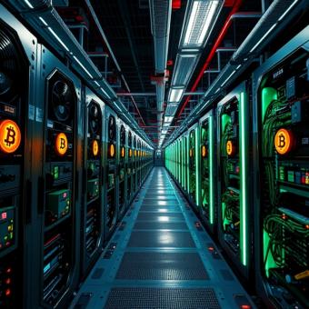 Bitcoin mining farm with futuristic machinery and neon lighting