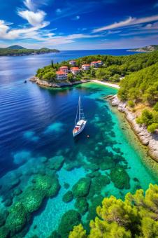 Croatia Panoramic coast and yacht as a background from top view Turquo