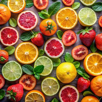 Top view citrus and strawberries