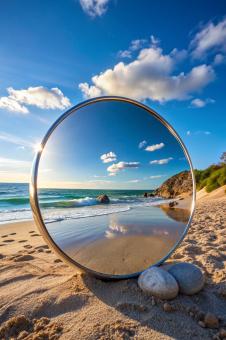 Round glass mirror at the beach reflecting landscape