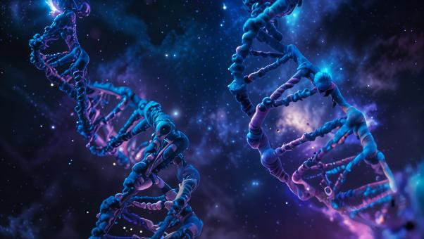 Glowing Blue and Purple DNA Helix in Deep Space with Cinematic Lightin