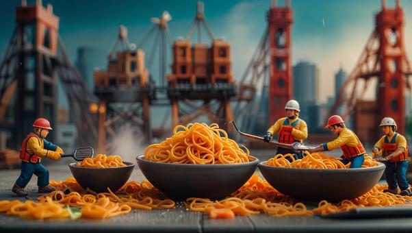 Miniature Workers Building a Spaghetti and Meatball Scene