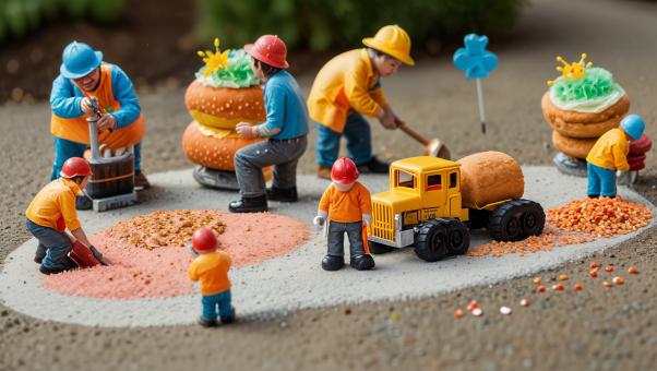 Miniature Construction Crew Paving Donut with Sprinkles and Candy Tool